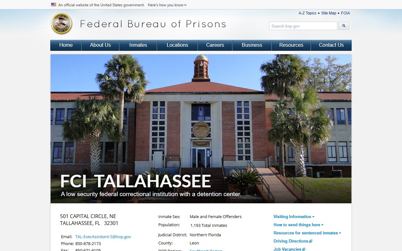 BOP FCI Tallahassee facility page for the Leon County federal inmate population