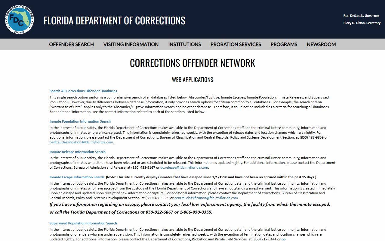 Florida DOC offender search menu used to look up sentenced inmates from Leon County