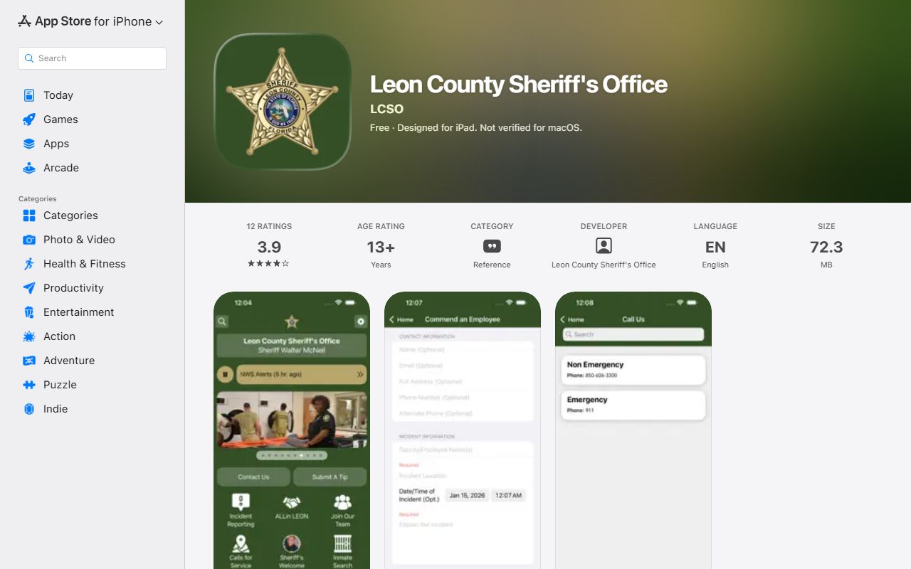 LCSO Connect app store listing for Leon County inmate population tools