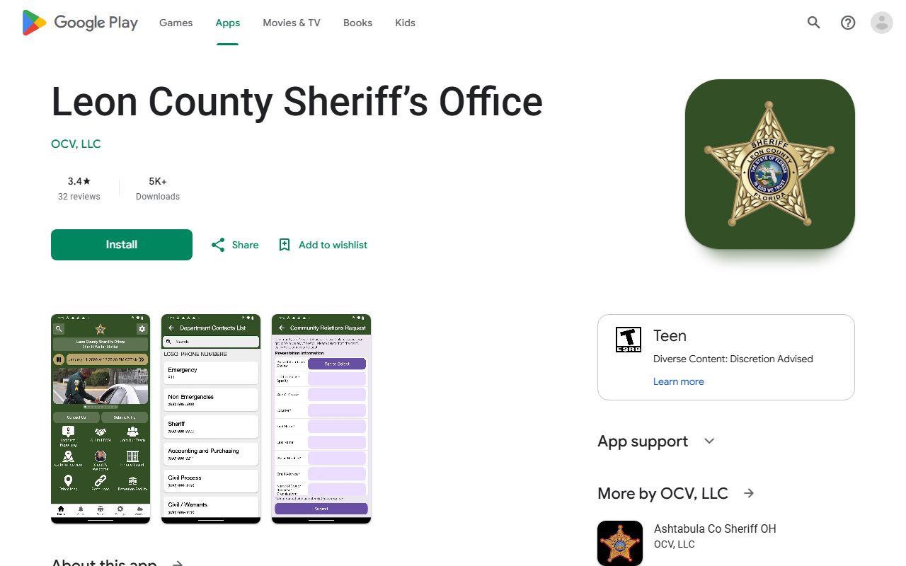 LCSO Connect Google Play listing with Leon County inmate search and daily booking report