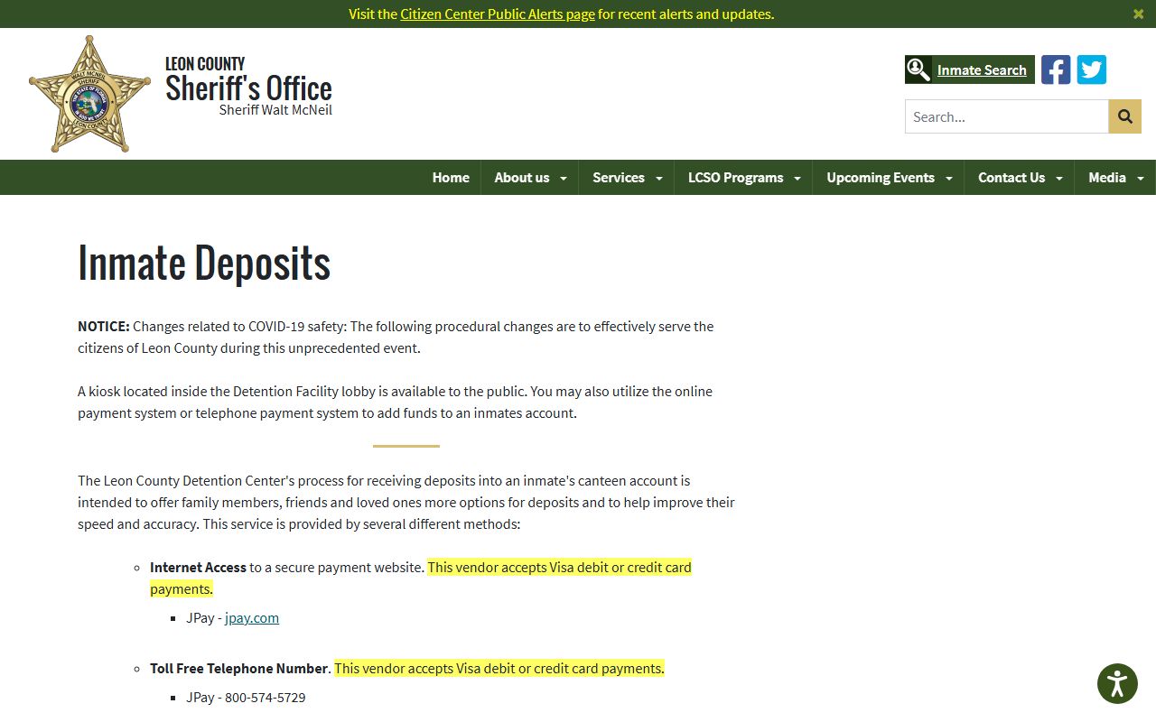 Leon County jail inmate deposit methods for inmate records and funds