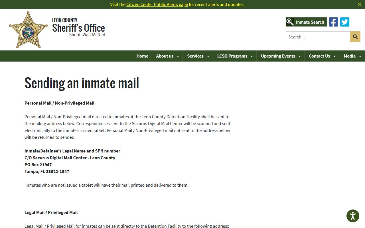 Leon County Detention Facility inmate mail rules and Securus mail center