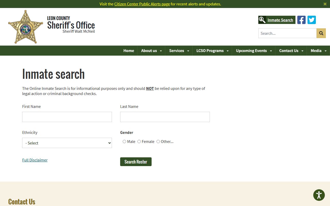 Leon County jail roster inmate search form for the inmate population