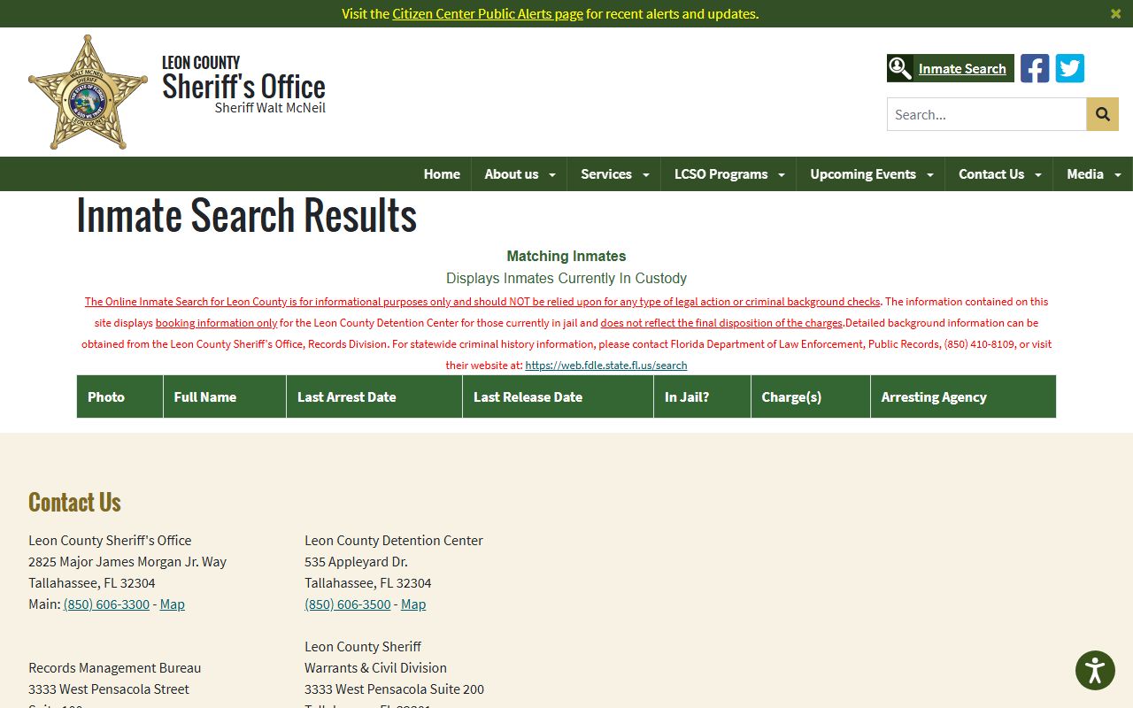 Leon County inmate records search results showing the jail roster row fields