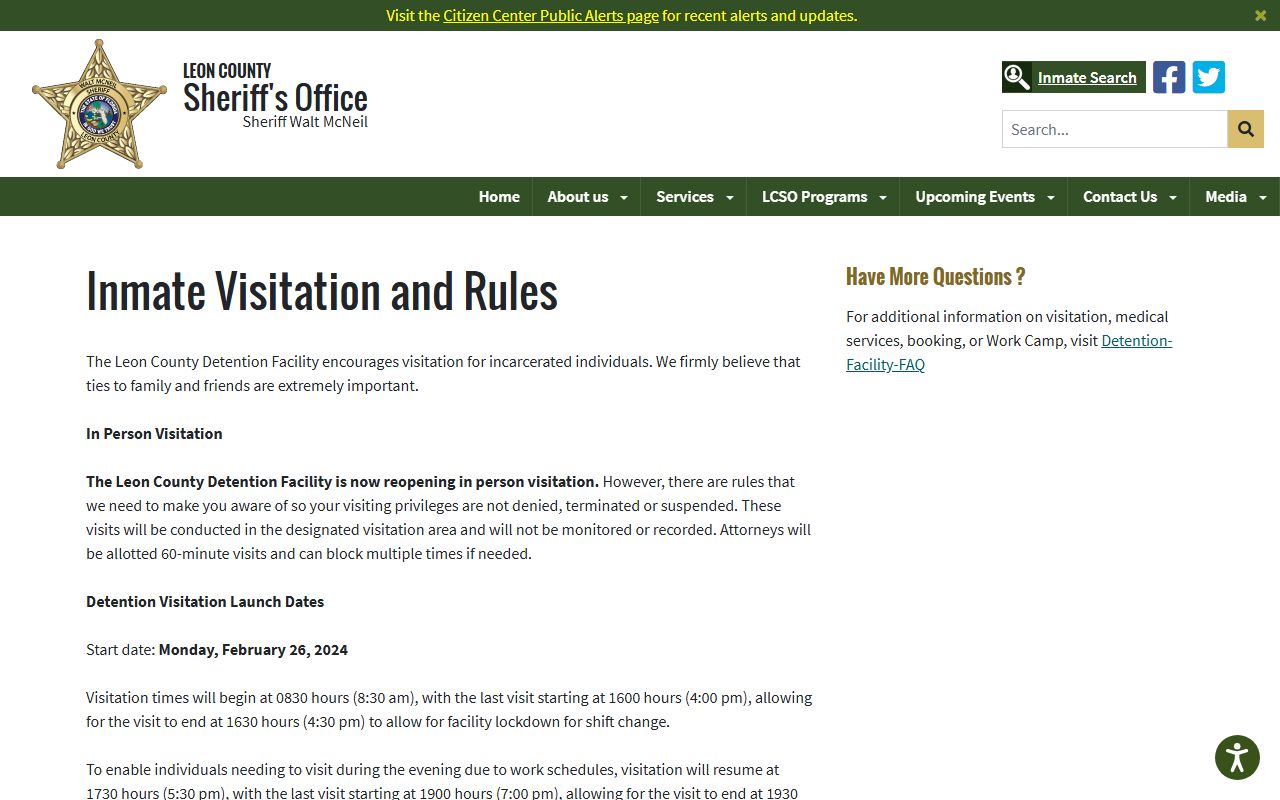 Leon County jail visitation rules and schedule for inmate records visits