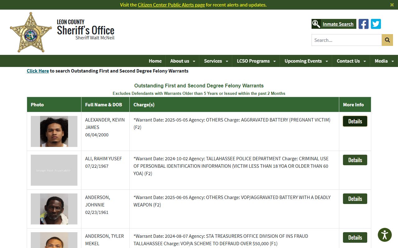 Leon County warrant search page tied to court records after an arrest