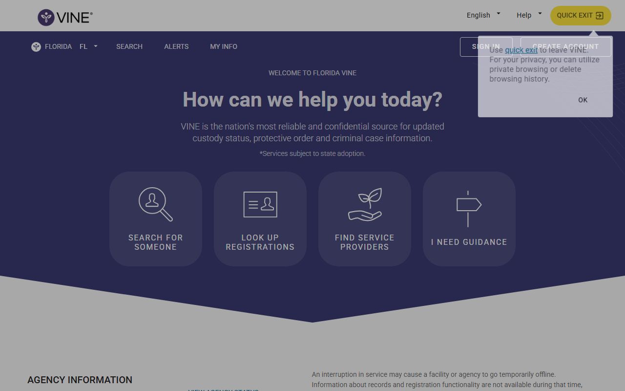 VINELink Florida custody status service for Leon County inmate records